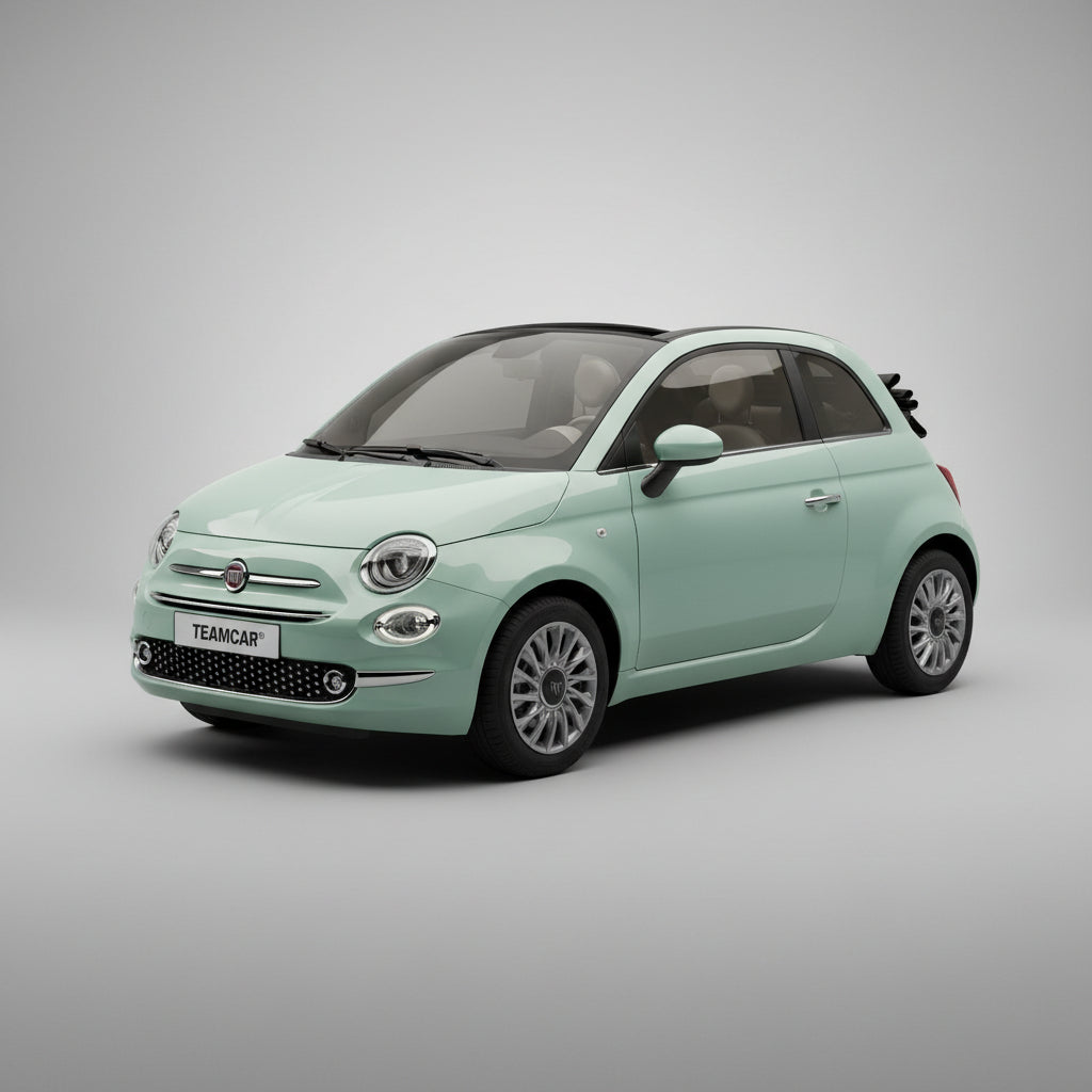 fiat 500c cabrio albastru deschis.