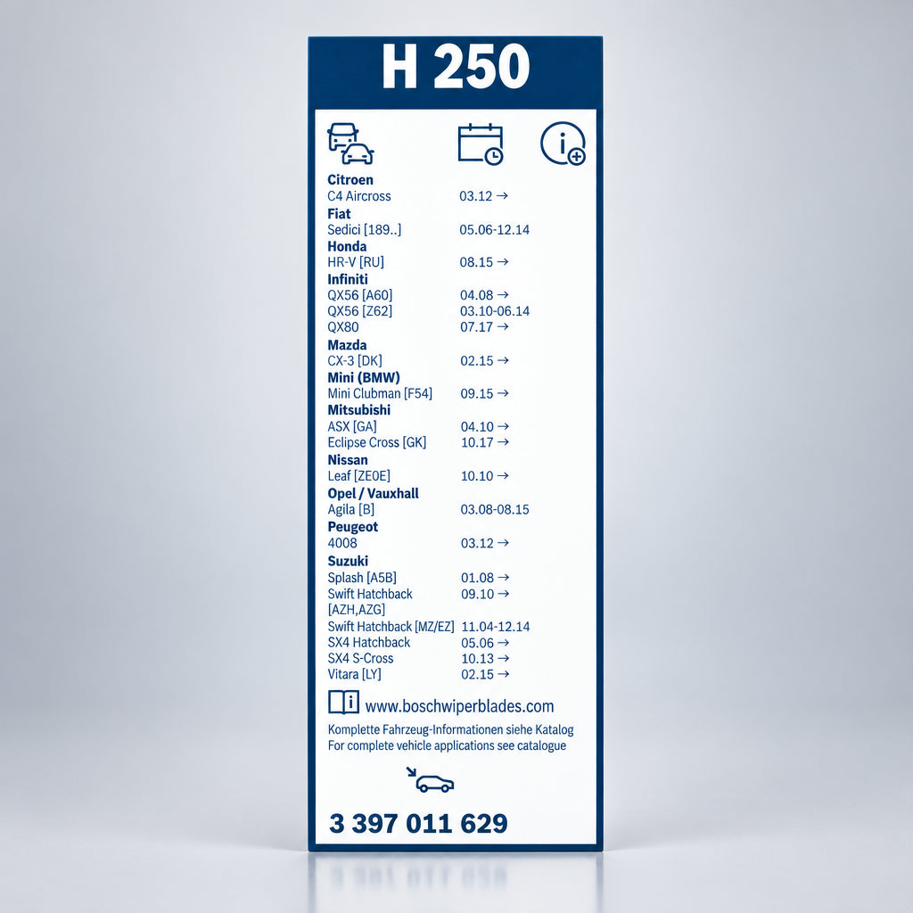 Spatele ambalajului Bosch H250 cu aplicații auto și codul 3 397 011 629