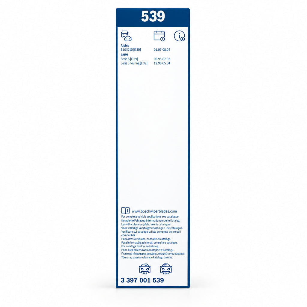 Spatele ambalajului Bosch Twin 539 cu codul 3 397 001 539 și lista de compatibilități