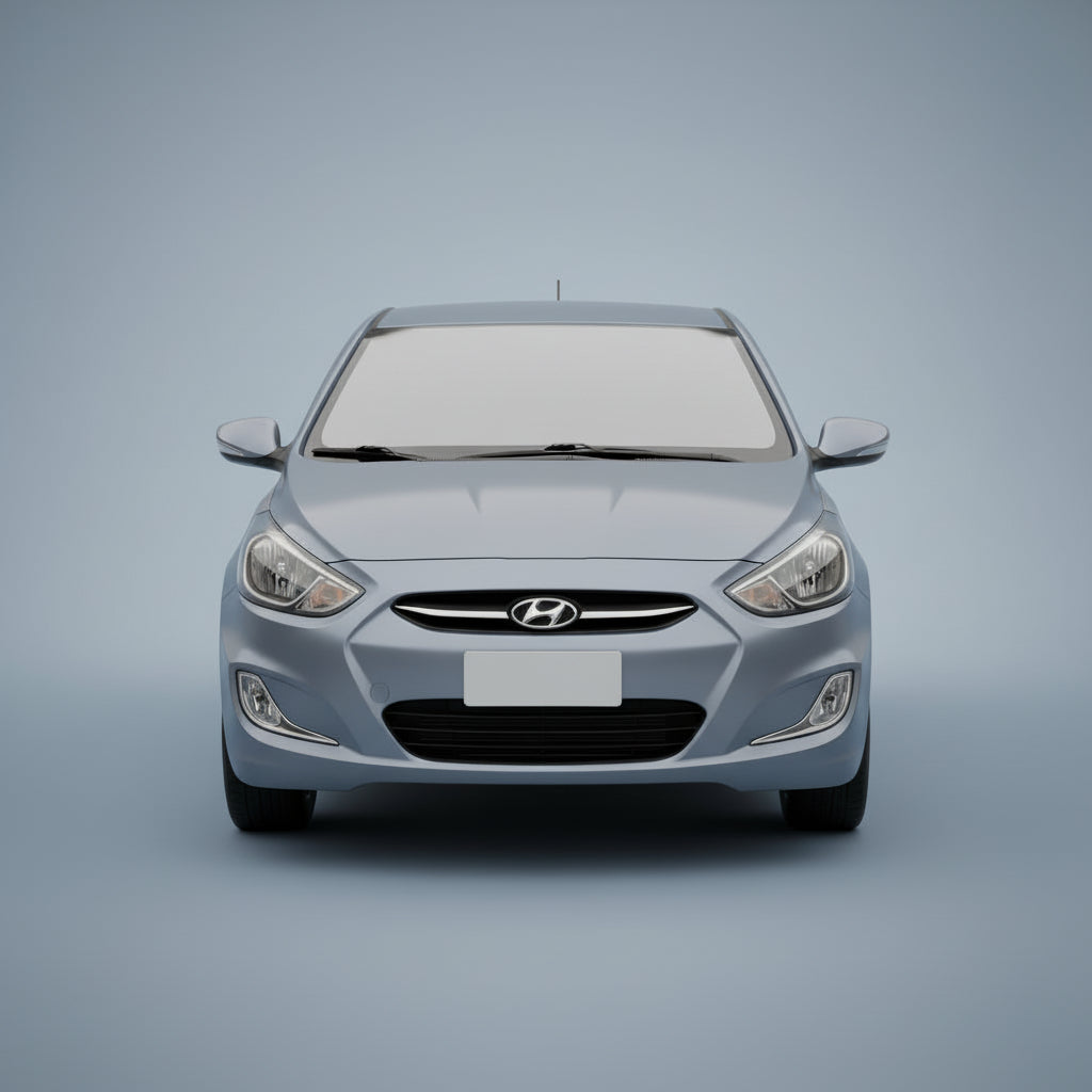 Front view of a gray Hyundai car on a light gray background