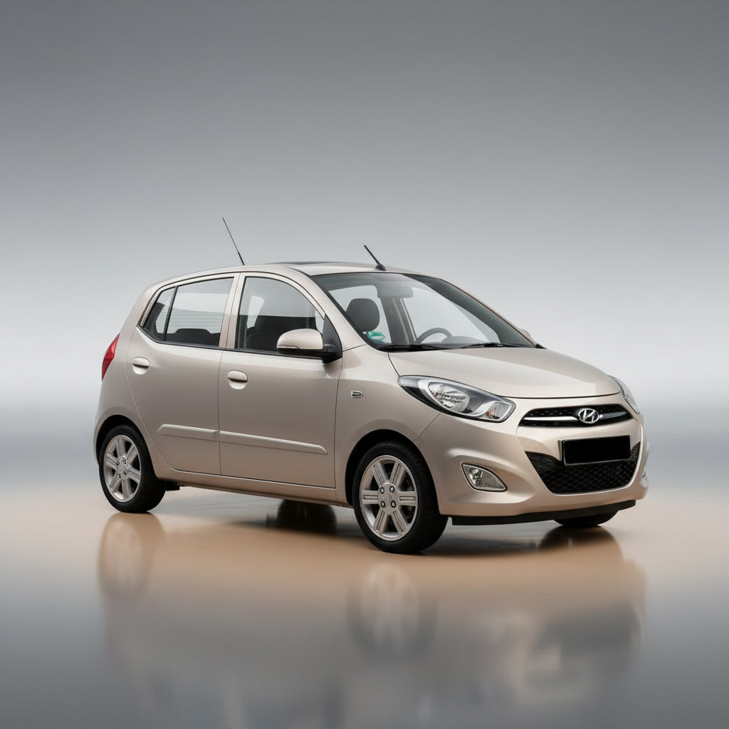 Small car on a reflective surface with a gray background