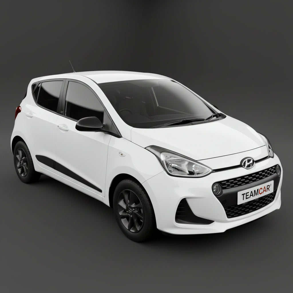 White Hyundai i10 car on a gray background