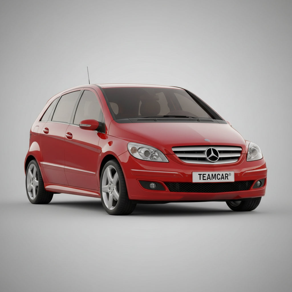 Red Mercedes-Benz car on a road with a cloudy sky