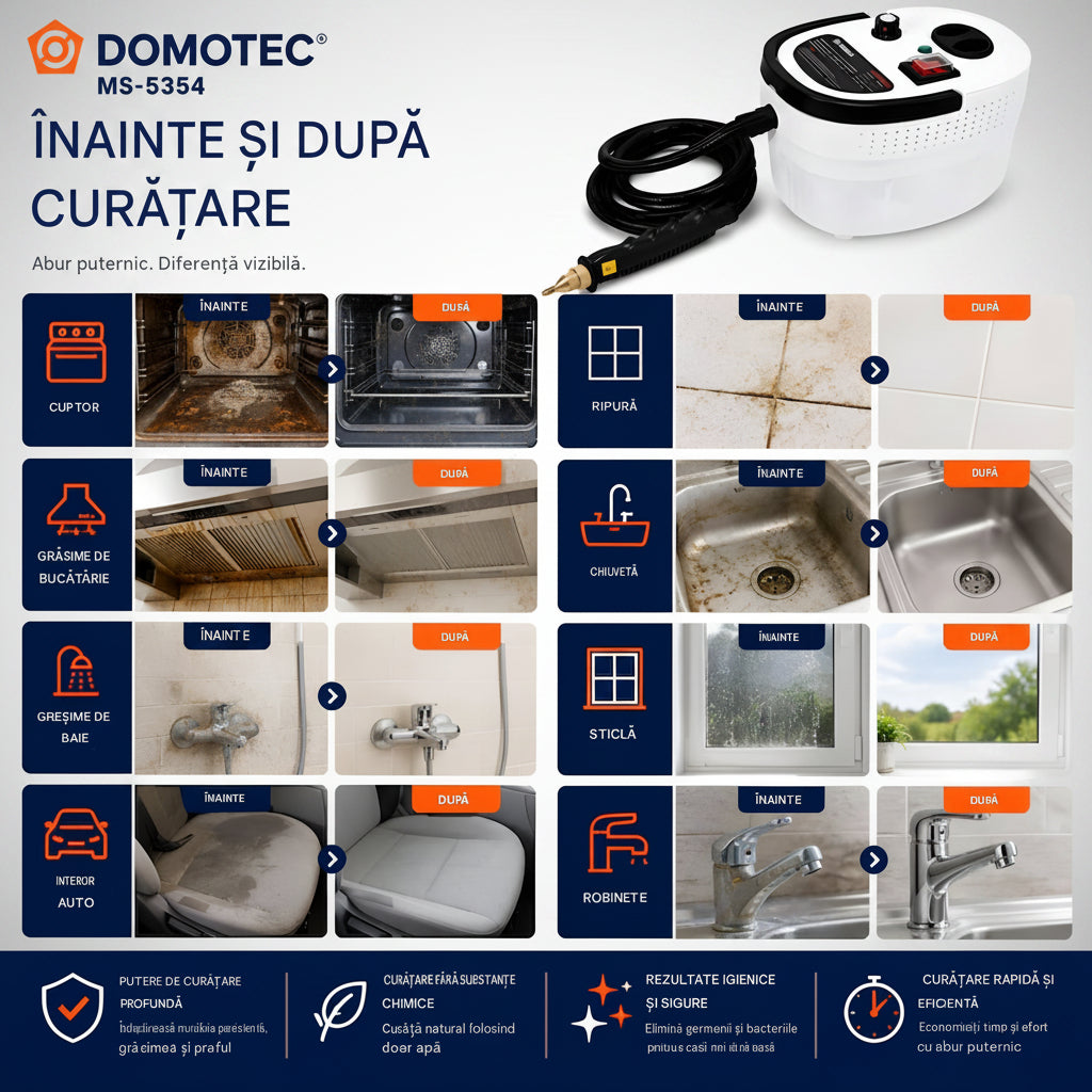 Aparatul portabil de curățat cu aburi Domotec® Premium Version (3200W) INAINTE ȘI DUPĂ CURĂȚARE