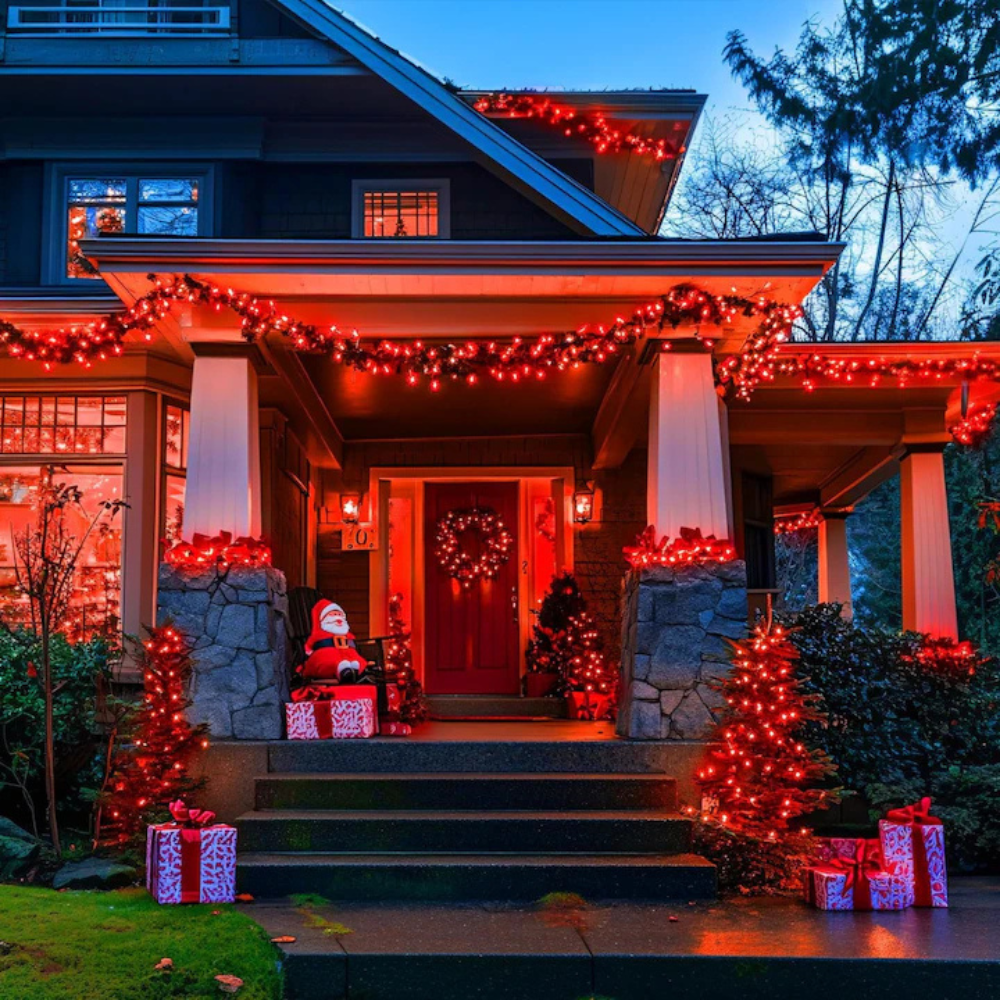 Decorated house exterior with Christmas lights and decorations at night.