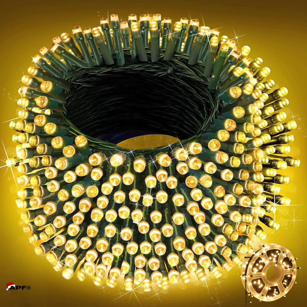 Coiled LED string light with a gold connector on a yellow background