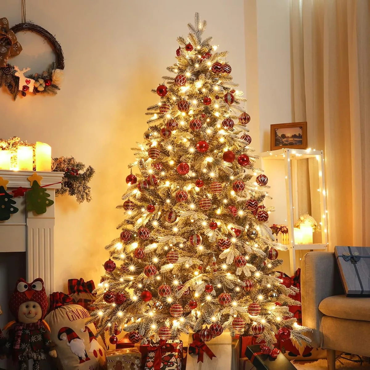 Decorated Christmas tree in a living room with lights and ornaments.