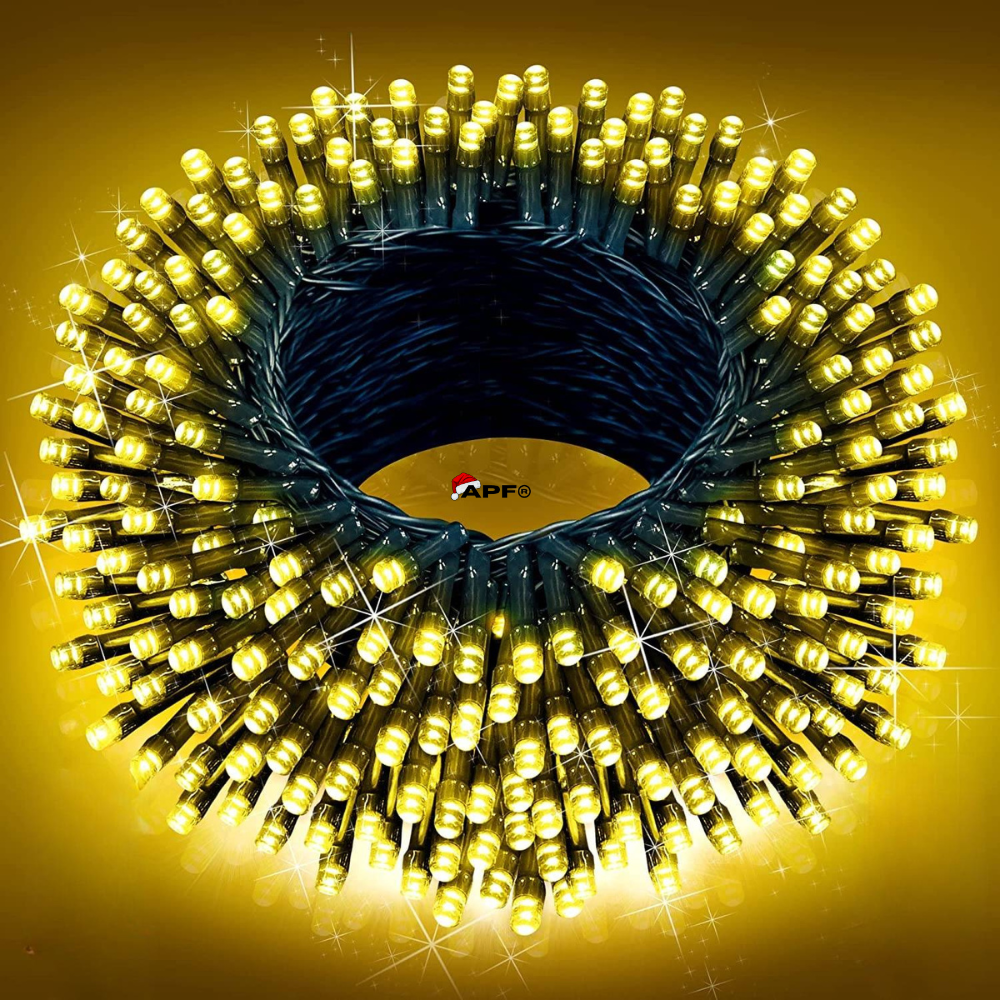 Spool of LED string lights with visible brand logo on a yellow background