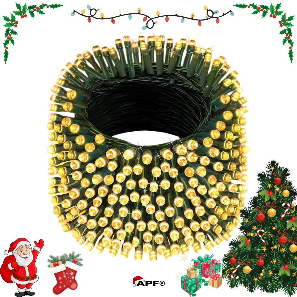 Christmas light set on a spool with festive decorations around it