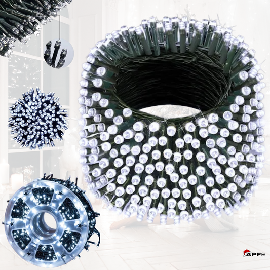 Close-up of LED string lights with different color options on a white background.