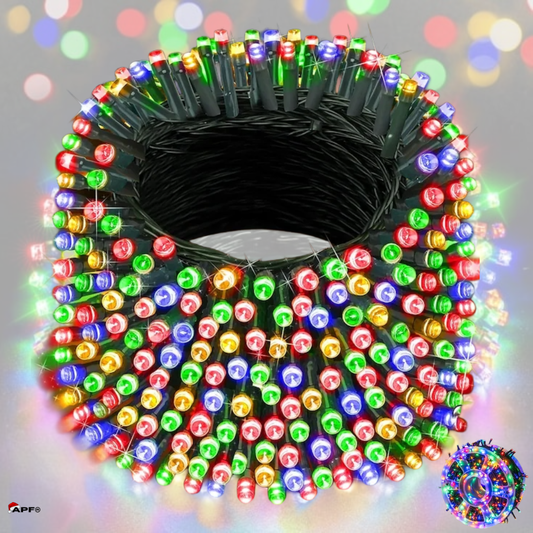 Multicolored string lights coiled on a cardboard roll with a blurred colorful background.