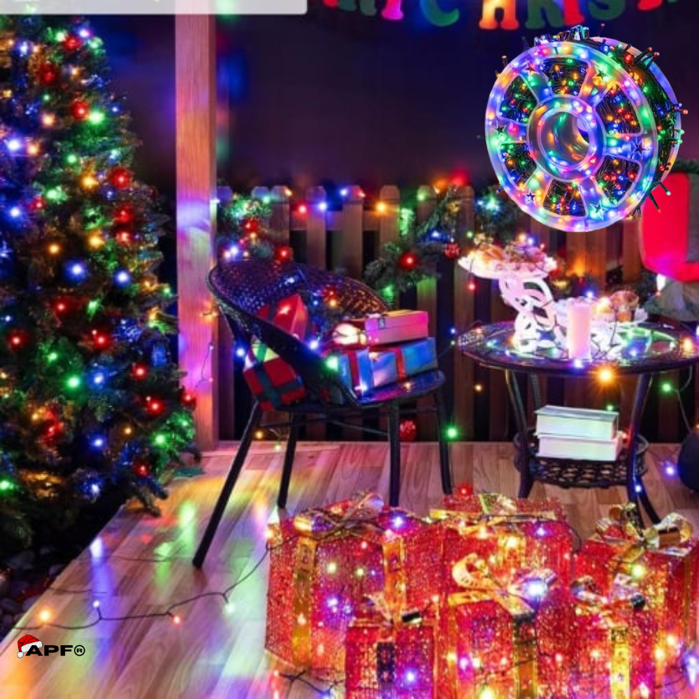 Decorated room with Christmas tree, presents, and string lights.