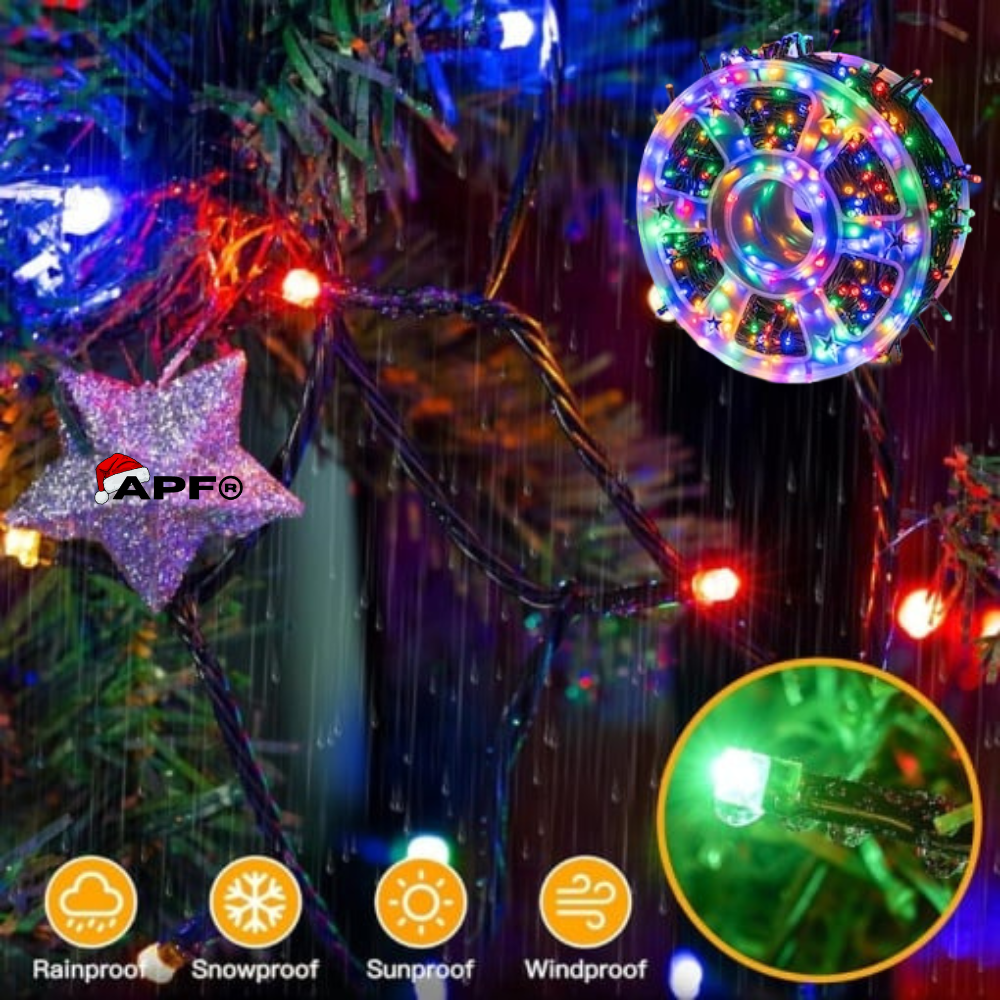 Decorative string lights on a Christmas tree with APFO branding and waterproof features highlighted.