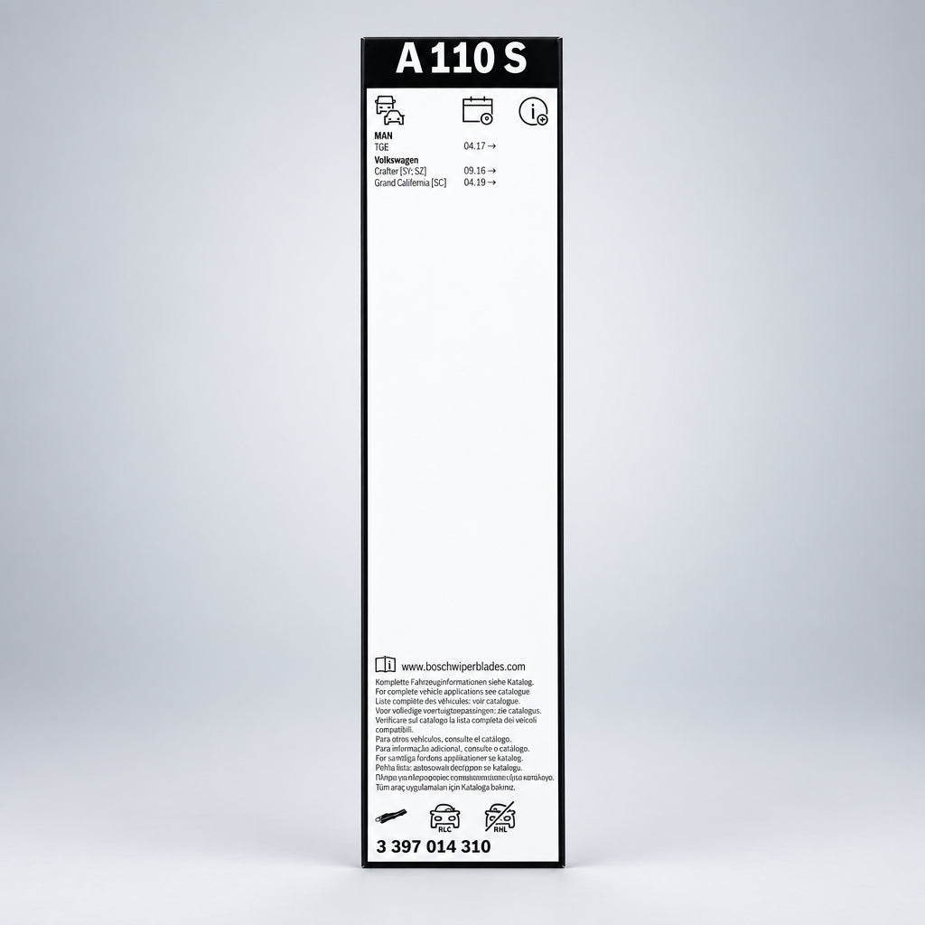 Spatele ambalajului Bosch A110S cu codul 3 397 014 310 și aplicații