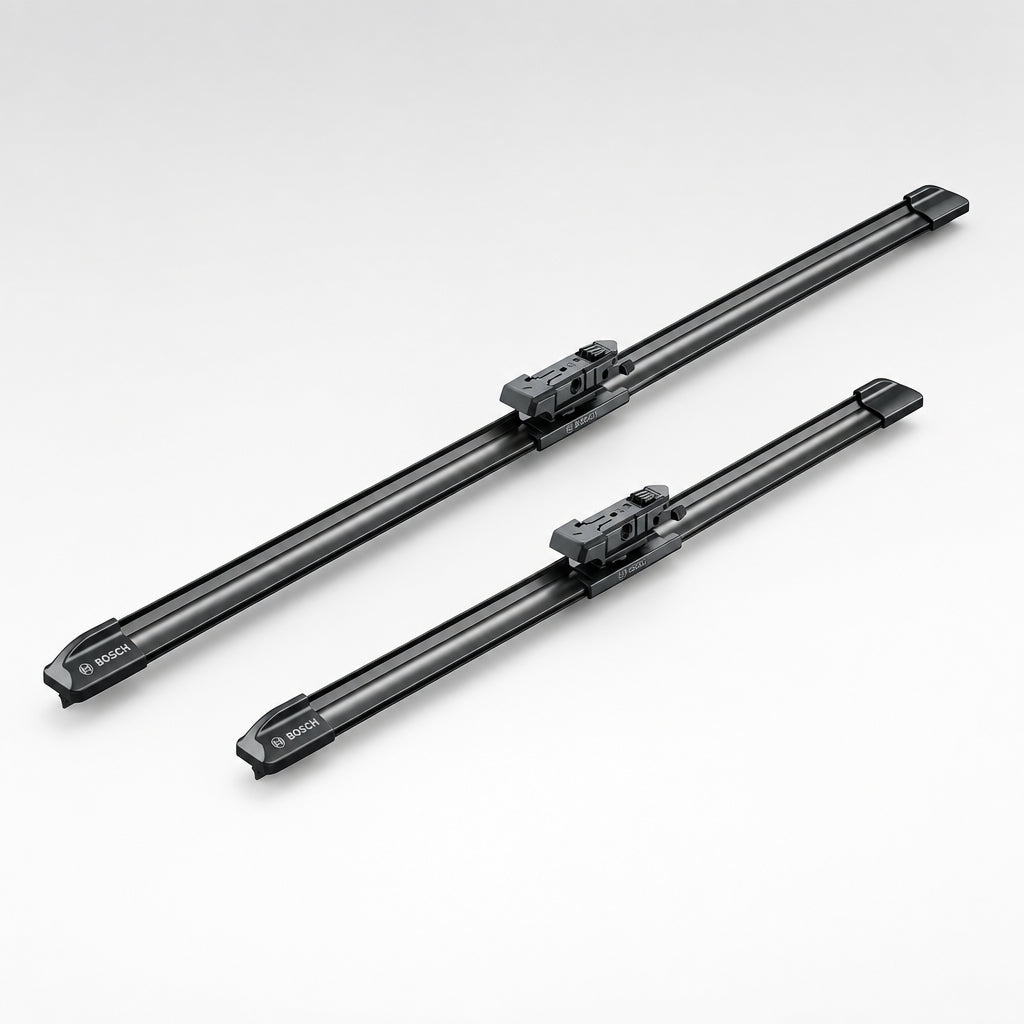 Setul de două lame Bosch Aerotwin A579S văzut oblic, cu detaliul adaptoarelor