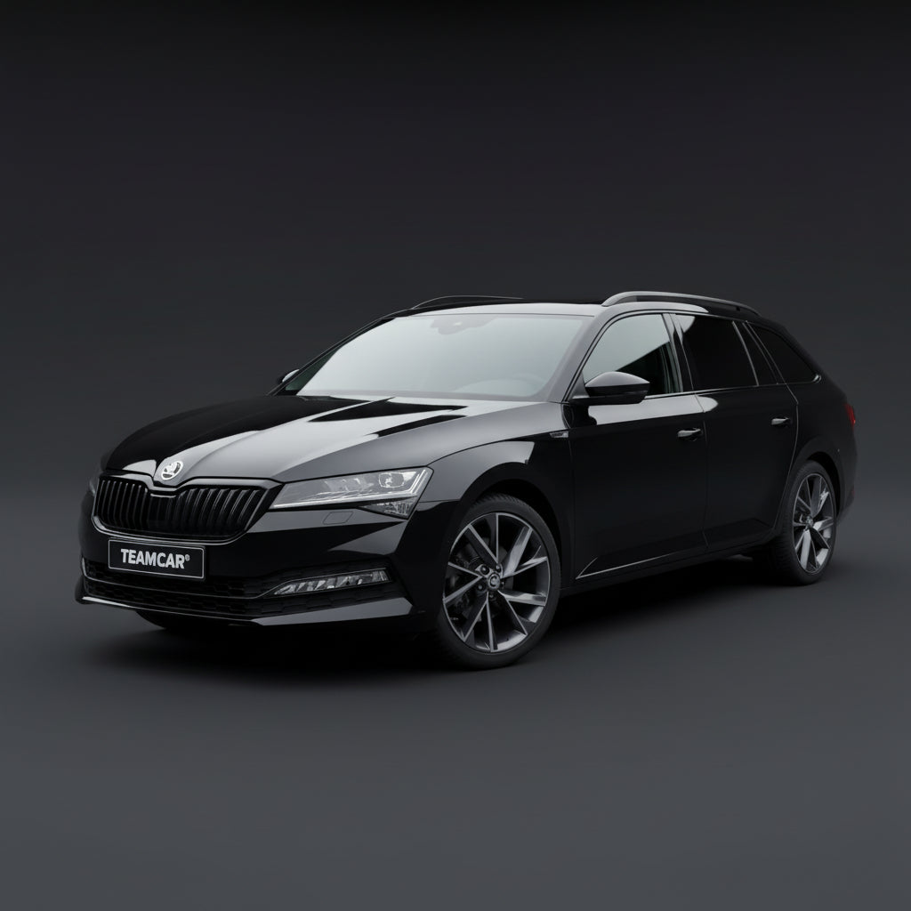 Black škoda superb combi car on a dark gray background