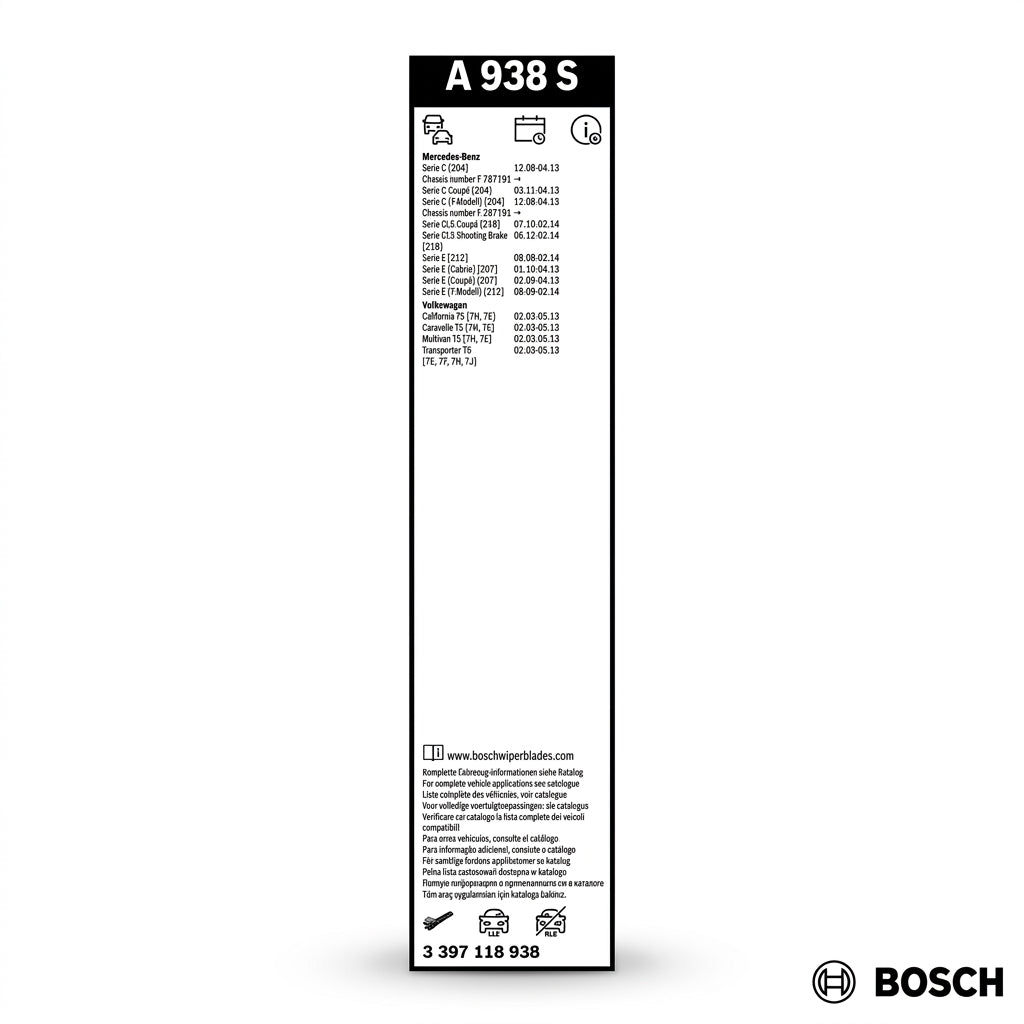 Eticheta setului Bosch Aerotwin A938S cu aplicațiile compatibile