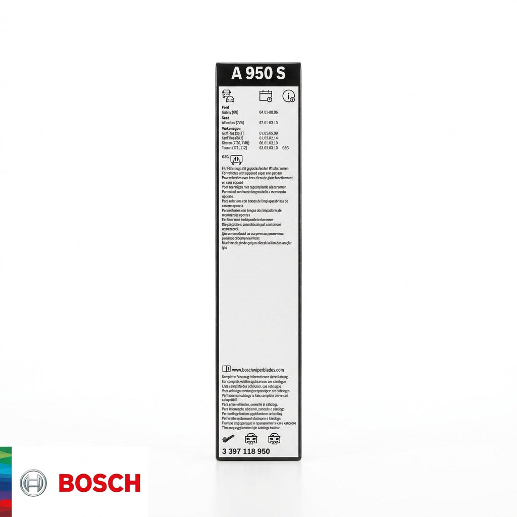 Eticheta setului Bosch Aerotwin A950S cu aplicațiile compatibile