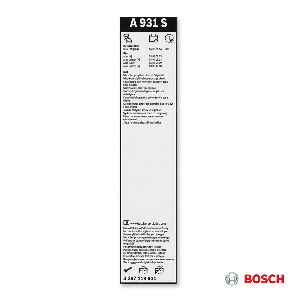 Eticheta setului Bosch Aerotwin A931S cu aplicațiile compatibile