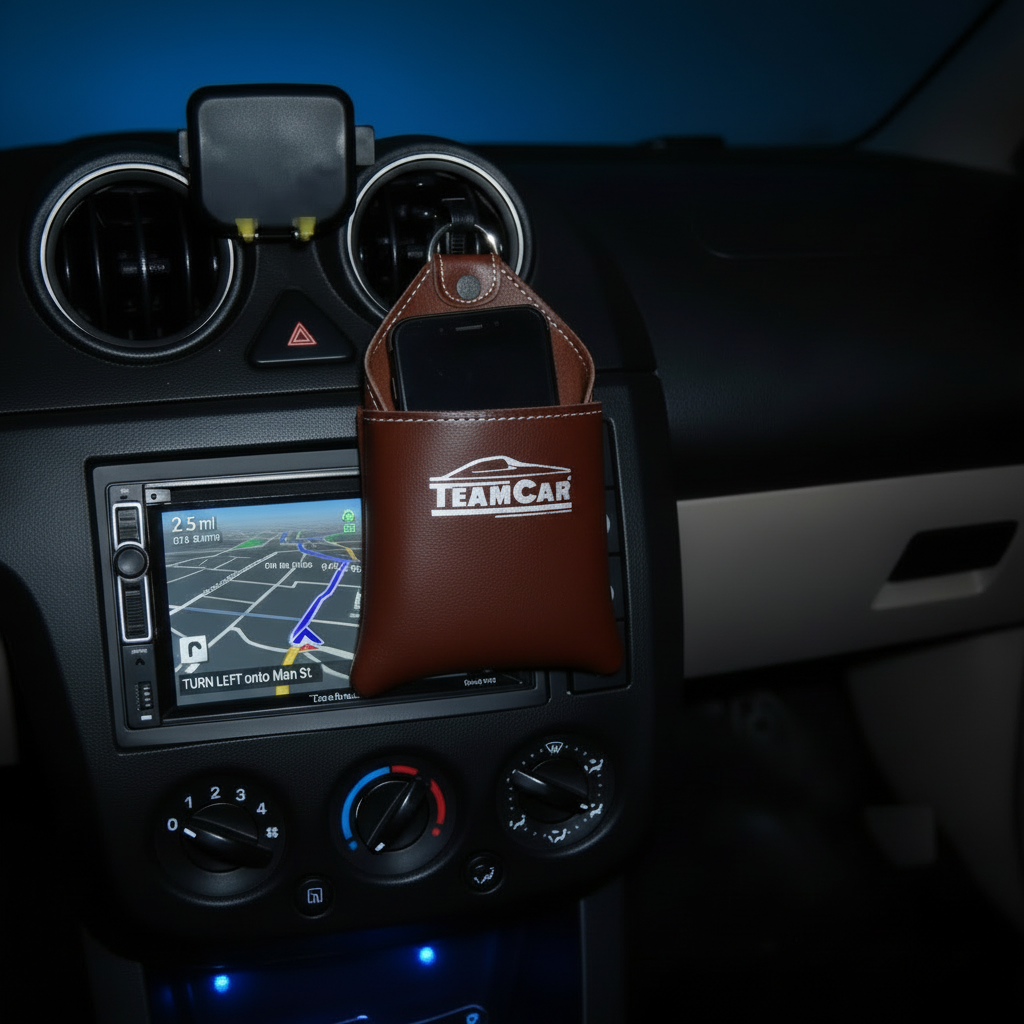 Car dashboard with navigation system and 'TeamCar' phone holder