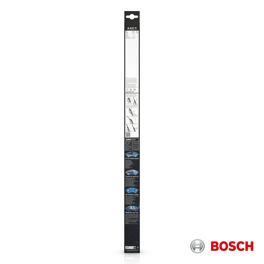 Spatele ambalajului Bosch Aerotwin A422S cu instrucțiuni de montaj