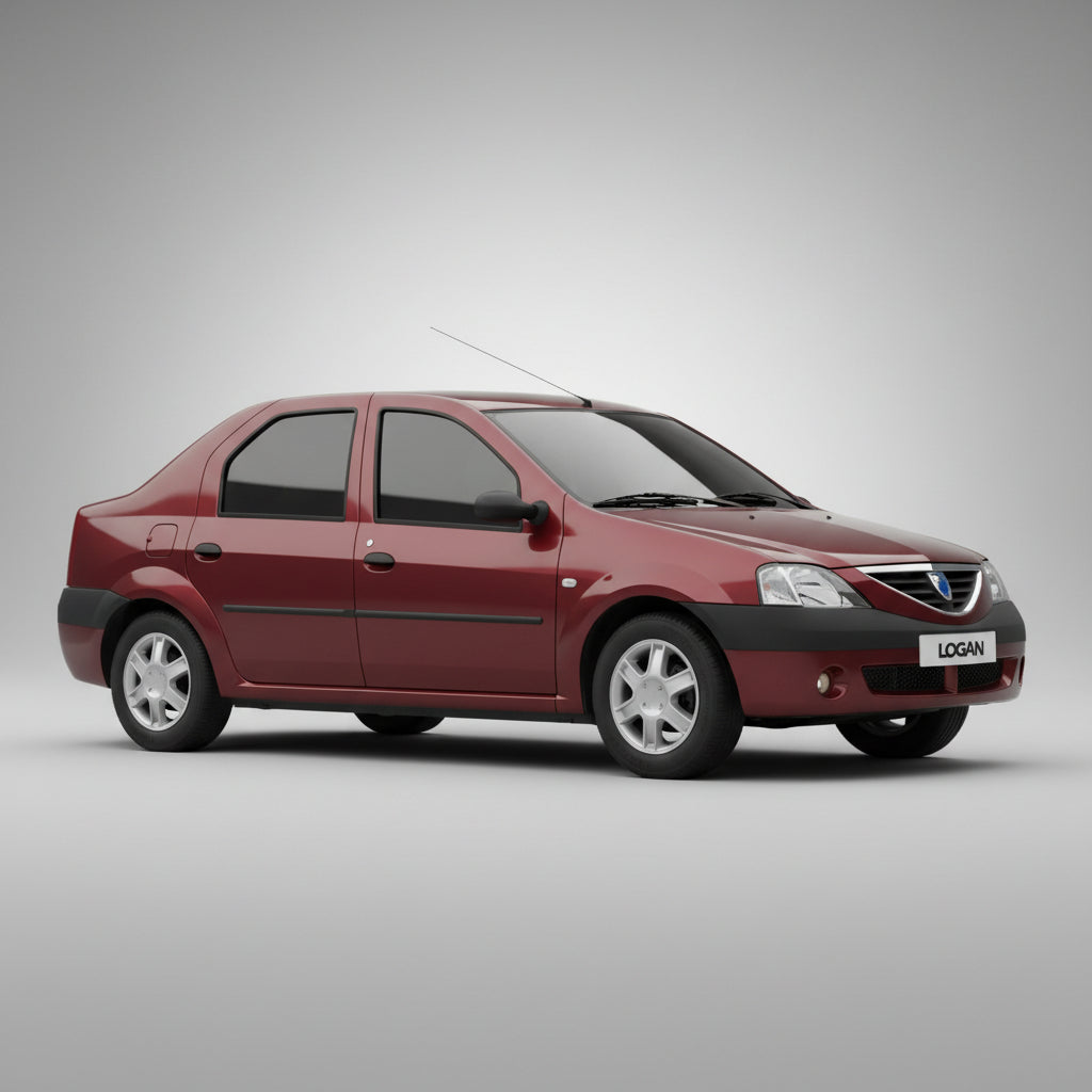 Red car with 'Logan' branding on a stone building background