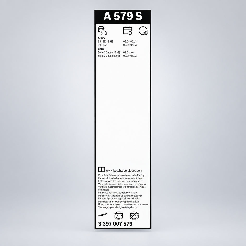 Eticheta ambalajului Bosch A579S, cod 3 397 007 579, cu lista modelelor BMW și Alpina