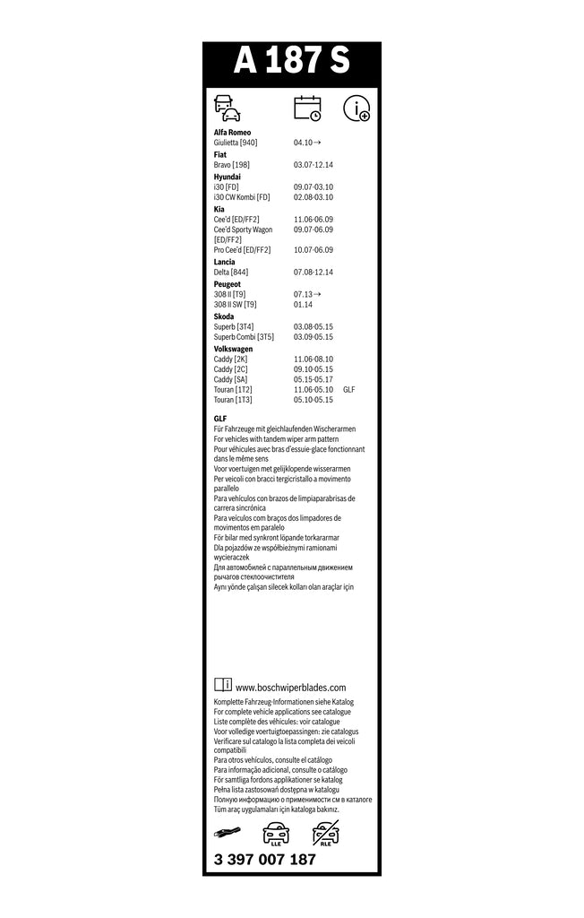 Spatele ambalajului Bosch Aerotwin A187S, cu aplicații auto și codul 3 397 007 187