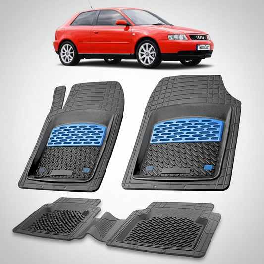 Set of black car floor mats with blue accents on a white background, with a red car at the top.