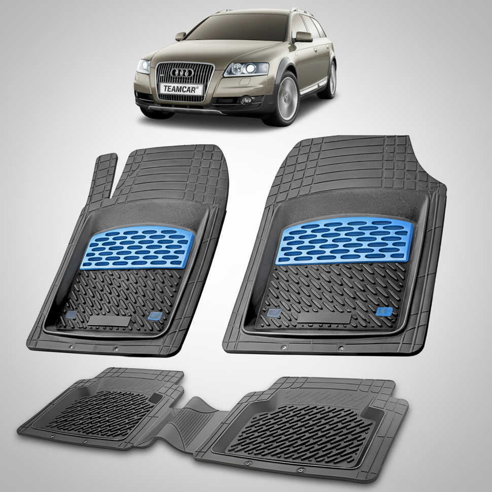 Set of car floor mats with a blue pattern on a white background, featuring an Audi vehicle.