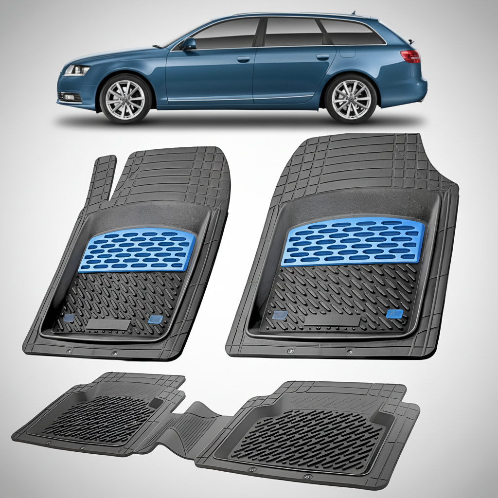 Set of car floor mats with blue accents on a white background, with a blue car shown above.