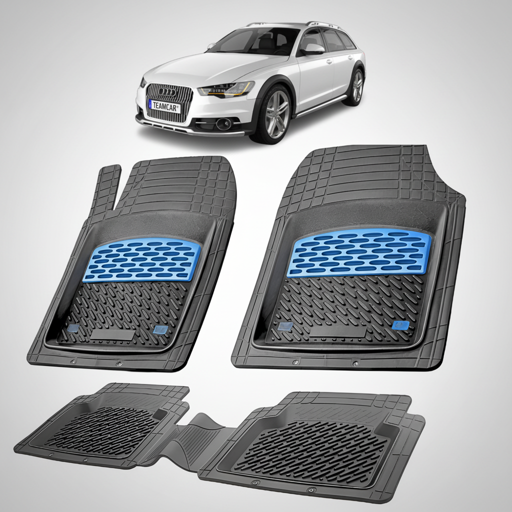 Set of car floor mats with a white Audi car in the background