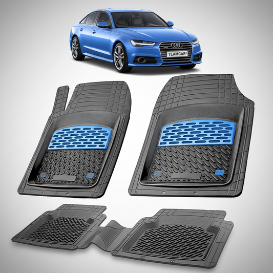Set of car floor mats with a blue Audi car in the background