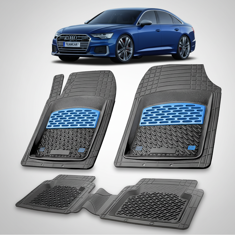 Set of car floor mats with Audi logo in the background