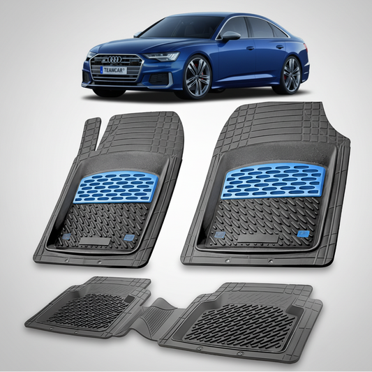 Set of car floor mats with Audi logo in the background