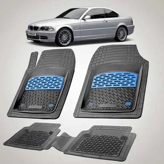 Set of car floor mats with a BMW car in the background