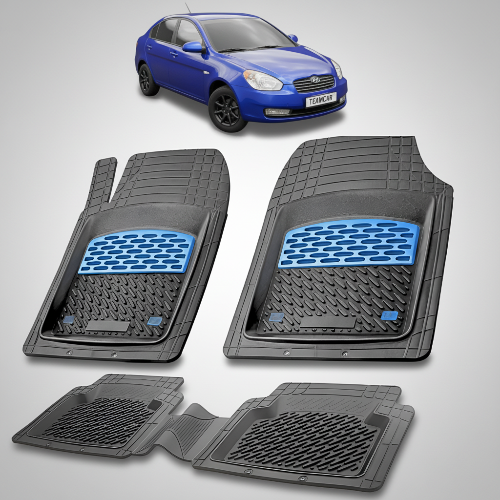 Set of car floor mats with a blue car in the background