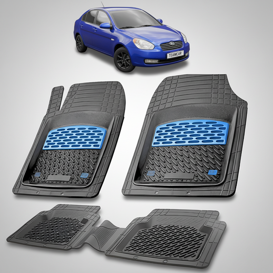 Set of car floor mats with a blue car in the background