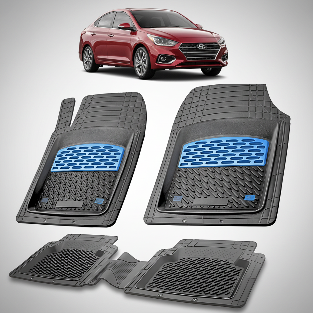 Set of car floor mats with a red Hyundai car in the background