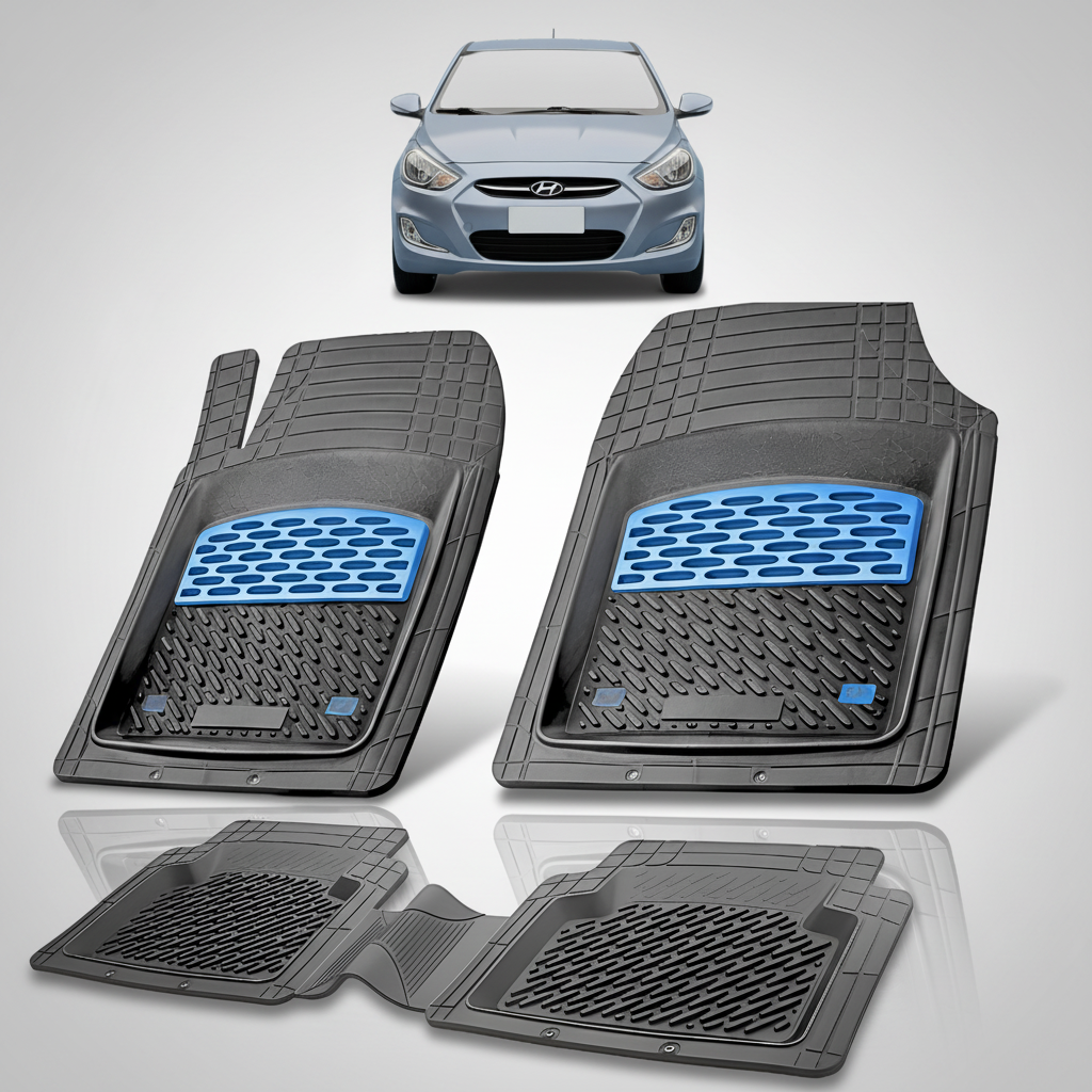Set of car floor mats with a blue logo on a white background, featuring a Hyundai car.
