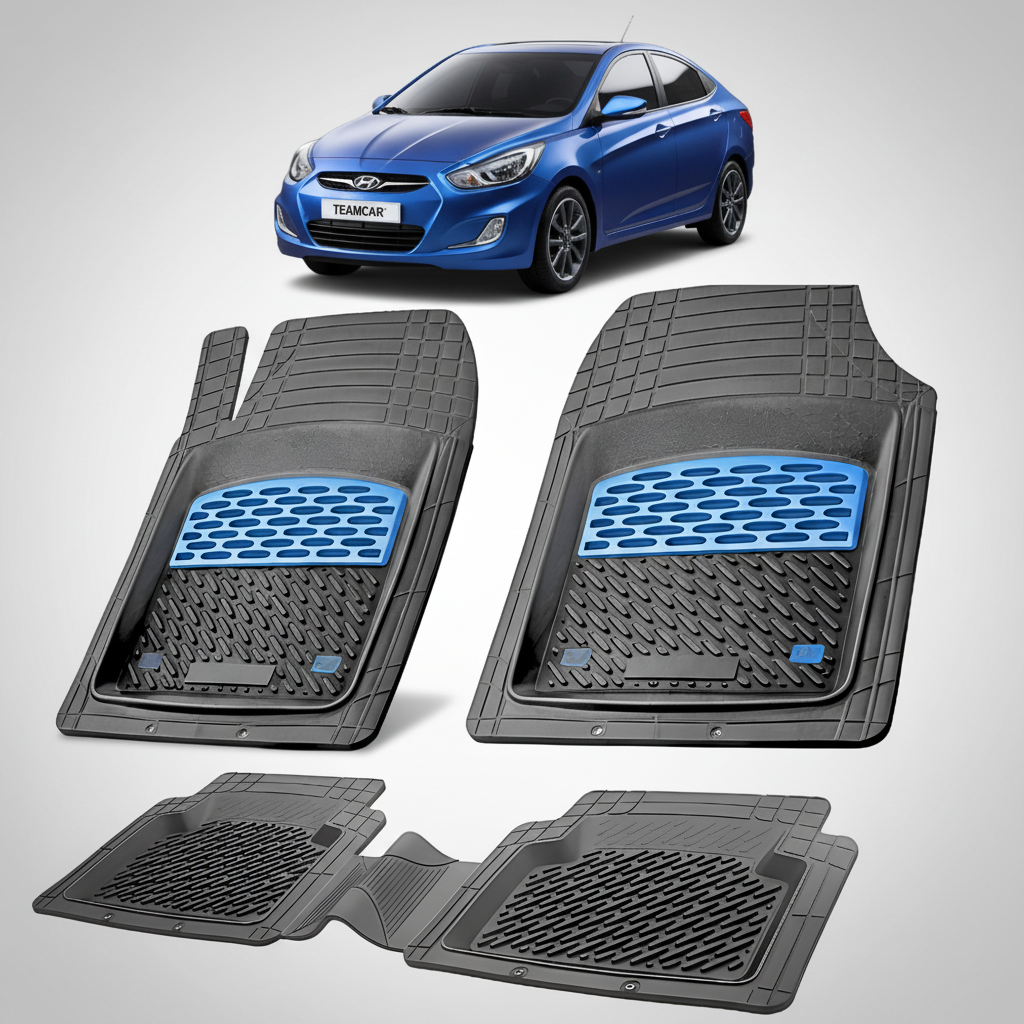 Set of car floor mats with a blue Hyundai logo in the background