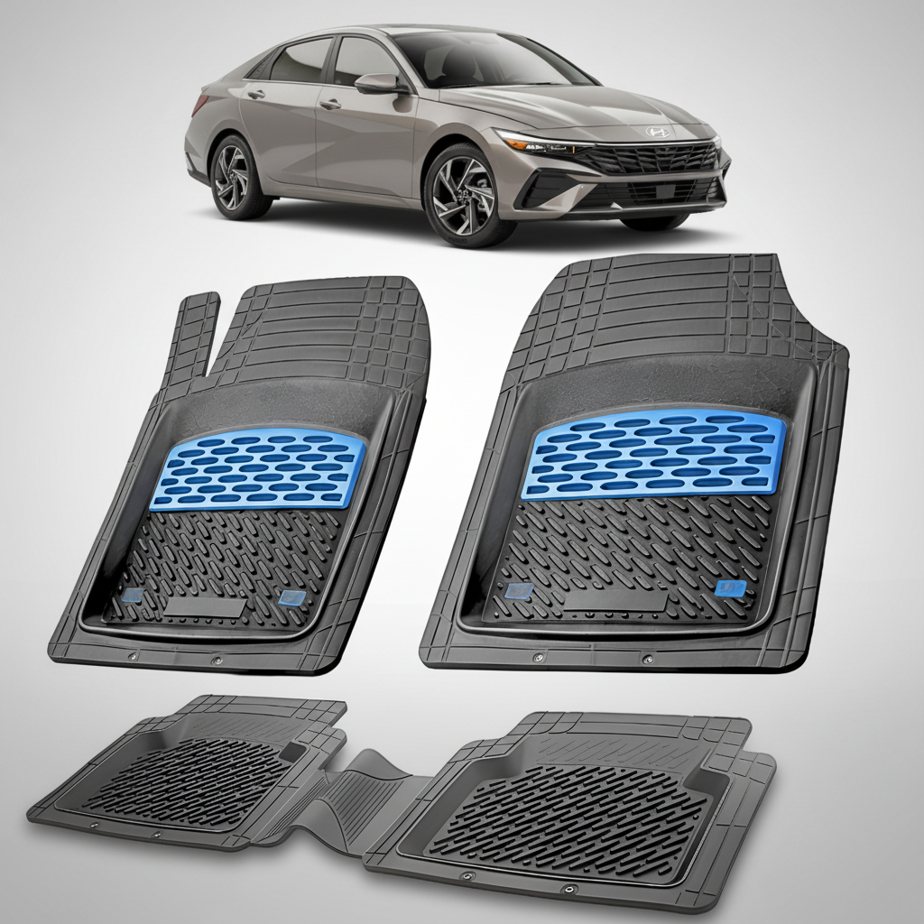 Set of car floor mats with blue accents on a white background, with a car in the top corner.