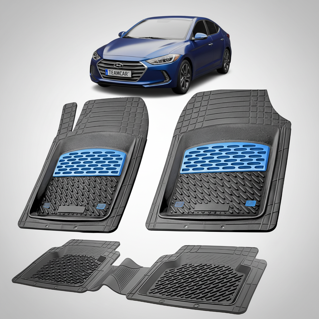 Set of car floor mats with a blue Hyundai car in the background