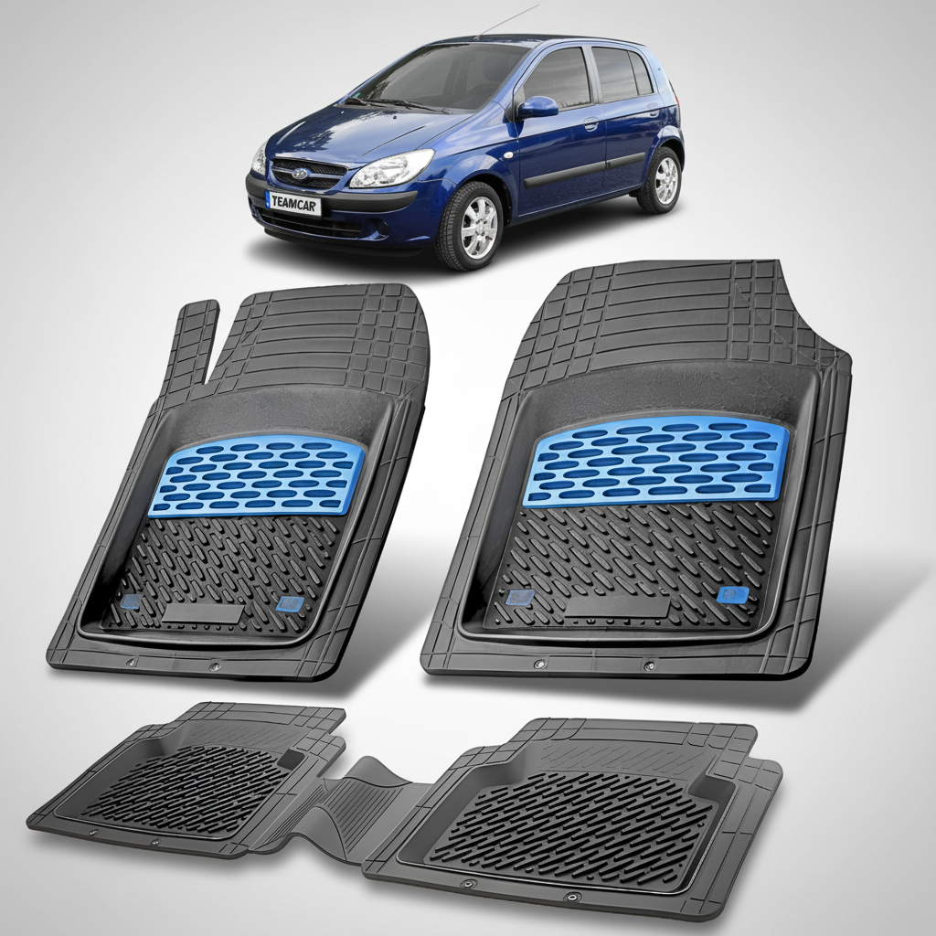 Set of car floor mats with a blue logo on a white background, with a blue car partially visible.