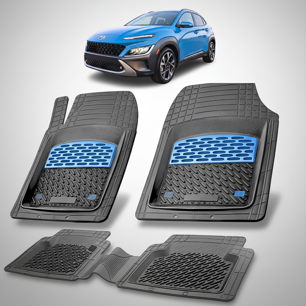 Set of car floor mats with a blue car in the background