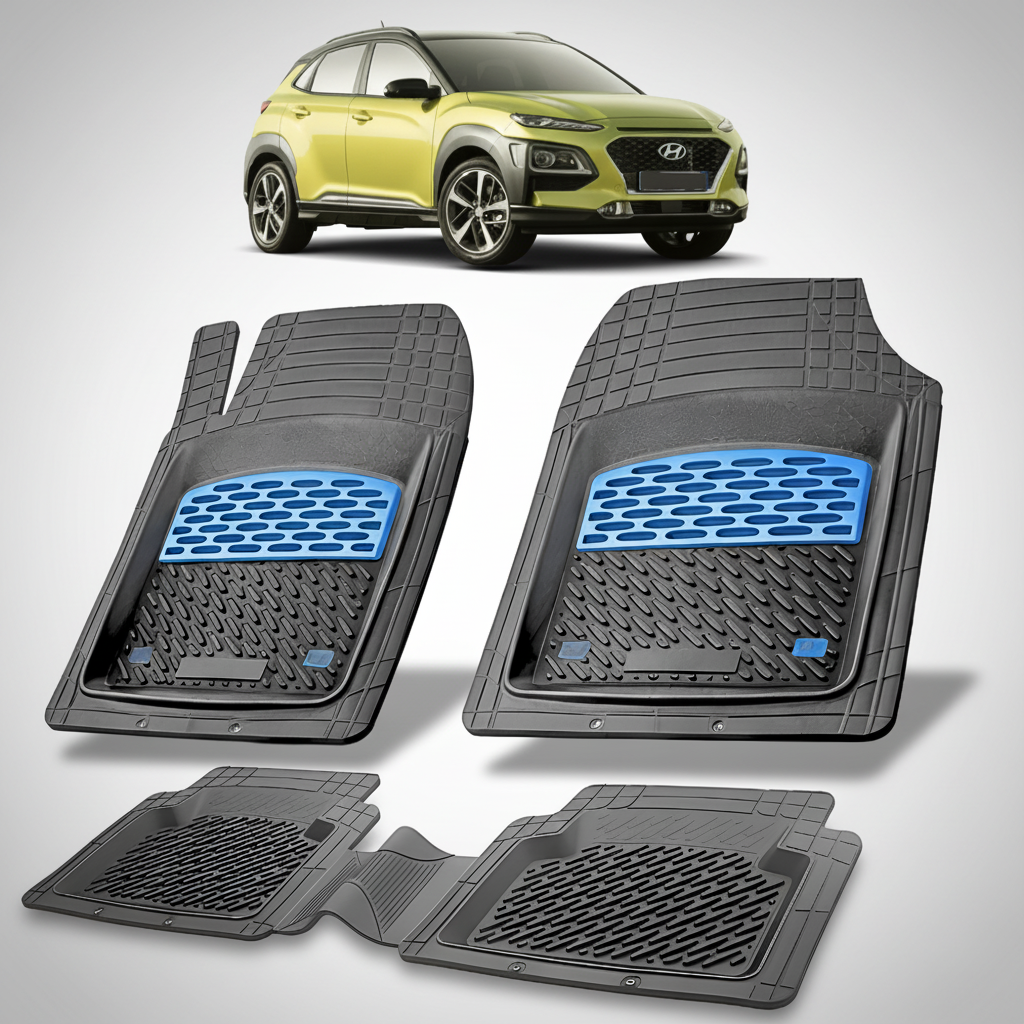 Set of car floor mats with a Hyundai Kona car inset on a white background