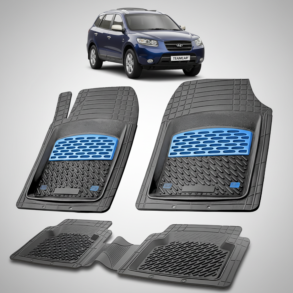 Set of car floor mats with a blue logo on a white background, featuring a blue car.