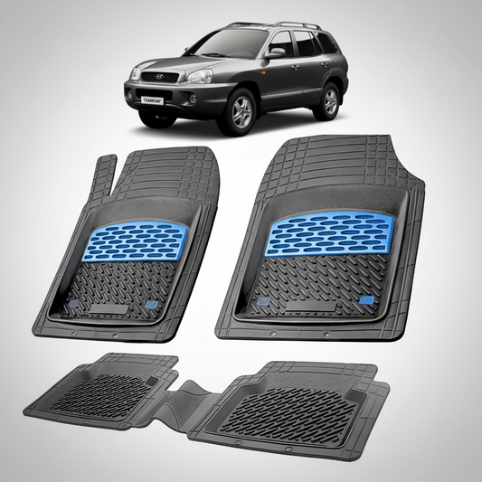 Set of car floor mats with blue accents on a white background, displayed in front of a car.