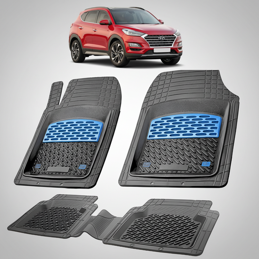 Set of black car floor mats with blue accents on a white background, featuring a red Hyundai SUV.