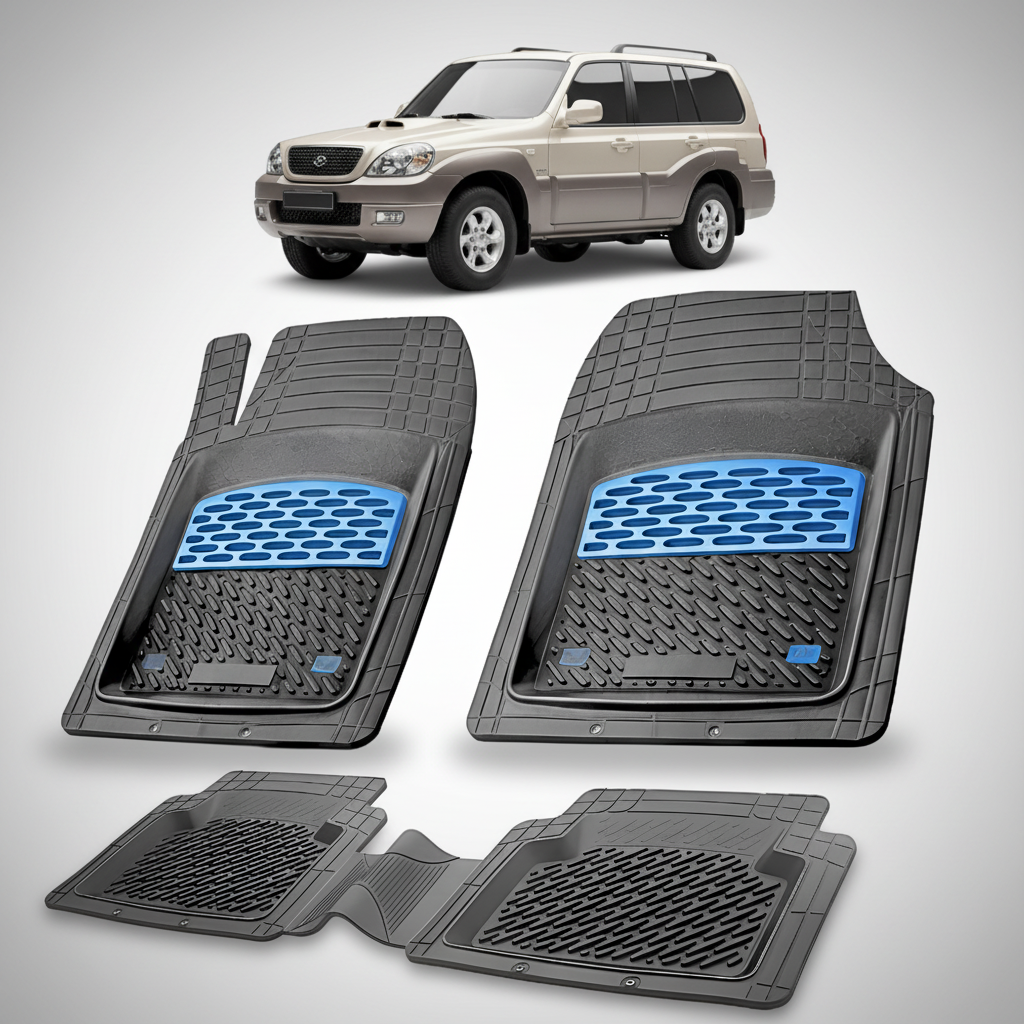 Set of black car floor mats with blue accents on a white background, featuring a beige SUV.